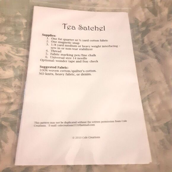 New Cole Creations instructions Tea Satchel sewing pattern beginner - Picture 2 of 3